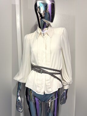 Alice + Olivia Creamy White BOHO Bloopy-Arm Collared Blouse - Pleated front